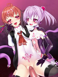 2girls arashi_(kantai_collection) blush bottomless breasts brown_hair censored corruption dark_persona empty_eyes facial_mark gloves heart heart-shaped_pupils highres kantai_collection long_hair multicolored_hair multiple_girls nipple_piercing nipples okuri_banto open_clothes pale_skin penetration piercing purple_hair red_eyes restrained revealing_clothes rolling_eyes sex shinkaisei-kan shiranui_(kantai_collection) short_hair symbol-shaped_pupils tattoo tentacle thighhighs tongue tongue_out transformation two_tone_hair two_tone_skin vaginal_penetration