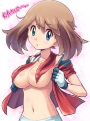 bandana blue_eyes breasts brown_hair convenient_censoring female female_only gloves human human_only large_breasts may_(pokemon) navel no_bra open_clothes open_shirt pokemoa pokemon pokemon_(anime) shirt short_hair soara solo undressing