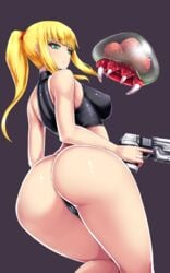 1girls ass ass_focus baby_(metroid) big_ass big_breasts big_butt black_panties blonde_hair blue_eyes blush breasts dat_ass female gun handgun huge_ass human ishimiso_(ishimura) large_breasts long_hair metroid metroid_(creature) nintendo pants ponytail presenting presenting_hindquarters samus_aran simple_background tank_top thighs thong tied_hair trigger_discipline underwear weapon