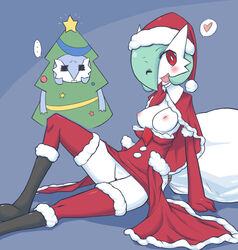 blush breasts character_in_background christmas christmas_outfit christmas_tree cosplay female gardevoir ikanomaru nipples pokemon pokemon_(species) shiny_pokemon vagina