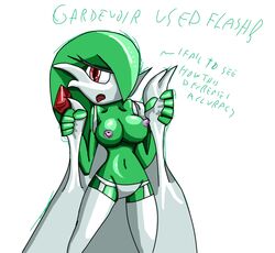 1girls breasts female female_gardevoir female_only gardevoir green_hair multitaskerhege nintendo nipples pokemon pokemon_(species) pokemon_rse red_eyes solo text