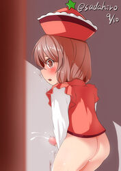 1boy ass between_legs blush bottomless brown_hair censored cum dated ejaculation from_behind hand_between_legs hat highres looking_back lyrica_prismriver open_mouth penis red_eyes rule_63 short_hair tears teikou touhou twitter_username