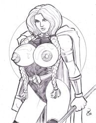 1girls braid breasts female marvel marvel_comics michael_powell monochrome nipples solo thor_(series) tied_hair valkyrie_(marvel)