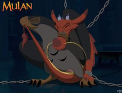 2015 animal_genitalia avian beak bird bound chains cloaca closed_eyes disney dragon falcon_(bird) feral front_view fully_bound gag gagged gay hayabusa_(mulan) male male_only mcfan mulan multiple_males mushu penis power_bottom rape sex signature straddling tail_pull