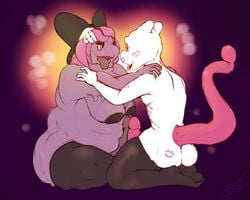 balls bourbon bourbon_(artist) gay kissing mewtwo penis pokemon pokemon_(species) thigh_highs