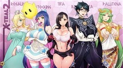 5girls 9:5 alternate_breast_size armlet bayonetta bayonetta_(character) bayonetta_2 big_breasts black_hair blonde_hair blue_eyes blue_hair blush breasts brown_eyes choker circlet cleavage crossover crown dress earrings elbow_gloves female female_only final_fantasy final_fantasy_vii fingerless_gloves glasses gloves green_eyes green_hair hair_over_one_eye hourglass_figure huge_breasts human kid_icarus large_breasts lollipop long_hair luma mario_(series) medium_breasts multiple_girls navel nintendo palutena panty_&_stocking_with_garterbelt princess_rosalina short_hair skirt sleeves smile standing stocking_anarchy striped striped_legwear super_mario_galaxy suspenders tank_top thighhighs tifa_lockhart x-teal