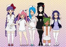 6+girls 6girls abstract_background artist_request black_hair blush bowtie breasts cross ebola-chan female green_eyes green_hair light_blue_hair looking_at_viewer multiple_boys multiple_girls pink_hair purple_eyes purple_hair red_eyes rose take_your_pick yellow_eyes