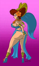 1girls 2014 anklet armlet ass big_ass blue_eyes bracelet breasts brown_hair dat_ass disney female female_only goof_troop hair_flower high_heels hourglass_figure milf nipple_bulge peg_pete scificat sideboob solo text thong