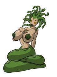 areola breasts female female_only greek_mythology hand_on_breasts large_breasts living_hair lordstevie medusa monster_girl mythology nipples nude orange_sclera sharp_fingernails snake solo thick_lips white_background yellow_eyes