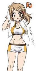 1futa ? abs antenna_hair bike_shorts blush breasts brown_hair bulge cameltail cleavage futa_only futanari hair intersex kouji_(kari) looking_at_viewer midriff open_mouth senki_zesshou_symphogear short_hair simple_background solo spoken_question_mark sports_bra sweat tachibana_hibiki_(symphogear) text towel translated white_background