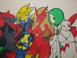 blaziken crossover digimon duo gardevoir green_hair kewon lucario pokemon pokemon_(species) red_eyes renamon zangoose zoroark