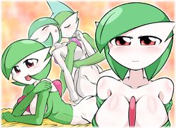 1boy 1girls female gallade gardevoir green_hair male pokemon pokemon_(species) red_eyes uranoyoru