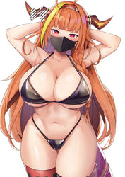 1girls absurdres ahoge alternate_costume arms_behind_back arms_behind_head arms_up bangs bikini black_swimsuit blonde_hair blunt_bangs blush bow braid breasts collarbone cowboy_shot curvy diagonal-striped_bow dragon_girl dragon_horns dragon_tail eyebrows_visible_through_hair highres holoforce hololive hololive_japan horn_bow horn_ornament horns huge_breasts kiryu_coco kusana_(dudqja602) large_breasts long_hair looking_at_viewer mask mouth_mask multicolored_hair navel orange_hair red_eyes scales seductive side_braid sidelocks simple_background single_braid single_thighhigh skindentation solo standing streaked_hair striped striped_bow surgical_mask sweat swimsuit tail thigh_strap thighhighs underboob very_long_hair virtual_youtuber white_background