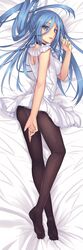 absurdres aoki_hagane_no_arpeggio black_legwear blue_eyes blue_hair breasts clothing dakimakura_design dress female highres large_breasts long_hair lying on_back on_side panties panties_under_pantyhose pantyhose sleeveless sleeveless_dress solo takao_(aoki_hagane_no_arpeggio) underwear very_long_hair weiyinji_xsk white_dress