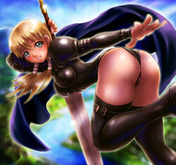 1girls ass blonde_hair breasts broken_fantasy cape claymore clothing cynthia_(claymore) female looking_at_viewer medium_breasts shoulder_armor silver_eyes smile solo stockings sword thighhighs