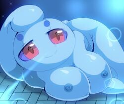adorable anthro anthropomorphic blue_skin blue_skinned_female breasts bubbles cute female laying_down laying_down_on_floor legendary_pokemon looking_at_viewer mutuki_tokemaru mythical_pokemon naked naked_female nipples nsfw nude nude_female phione pokegal pokegirl pokegirl_as_pokemon pokemon pokemon_(species) pokemorph sexy smile smiling tokemaru