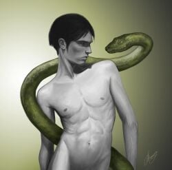 1male abs amakamisora black_hair expressionless_face green_background harry_potter nagini nipples nude_male pale_skinned_male pecs pretty_boy realistic_anatomy short_hair short_hair_male side_profile simple_background slightly_muscular snake tom_riddle veins veiny_arms very_pale_skin voldemort wizarding_world