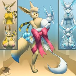 anthro artist_name big_breasts bow_ribbon breast^growth breast_squish breasts breasts_frottage clothing collar duo eevee female female/female generation_1_pokemon gift growth hi_res huge_breasts hyper hyper_breasts nintendo ori_(ori) ori_(series) pheonixbat pokemon pokemon_(species) scarf shirt squish tag tail topwear wardrobe_malfunction xbox_game_studios