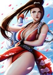 1girls big_breasts big_breasts brown_eyes brown_hair clothed clouds female flowers hair_ornament japanese japanese_clothes king_of_fighters light-skinned_female light_skin long_hair looking_at_viewer mai_shiranui petals tied_hair very_long_hair