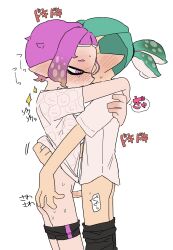 1boy absurdres ass bike_shorts blunt_bangs blush bottomless clothes_pull domino_mask female forehead full-face_blush highres ikuta_semi inkling_boy inkling_girl inkling_player_character mask pants pants_pull penis pink_hair pointy_ears ponytail sex short_hair simple_background small_penis small_penis_adoration splatoon splatoon_(series) sumomo_(ikuta_semi) sweat tentacle_hair white_background