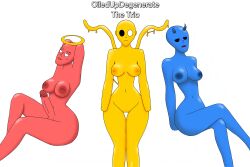 2girls1futa bailey_(oiledupdegenerate) balls blue_body breasts breasts female futanari gideon_(oiledupdegenerate) gold_body naked nude oiledupdegenerate penis pose reagan_(oiledupdegenerate) red_body shiny_skin slime tentacle thin_waist vagina