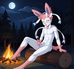 1boy ai_generated anthro bonfire cock furry furry_male furry_only log male male_focus male_masturbation male_only masturbation moon moonlight night pokemon solo solo_anthro solo_focus solo_male sylveon theatarygame tree