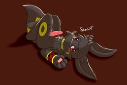 1boy 2015 anthro black_fur bracelet collar eeveelution erection feline fur heart hi_res jewelry looking_at_viewer lying male male_only mammal nintendo on_back paws penis pokemon red_background red_eyes sean senz simple_background smile solo umbreon video_games white_sclera yellow_fur