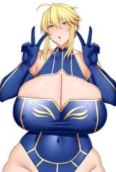 arind_yudha artoria_pendragon artoria_pendragon_(lancer) big_breasts blonde_hair blush bodysuit breasts cleavage collarbone fate/grand_order fate_(series) female happy huge_ass huge_breasts king large_breasts short_hair smile solo thick_thighs white_background