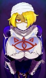 1girls bandage bangs bangs_over_one_eye bending_forward bending_over big_breasts blonde_hair bonne eyelashes huge_breasts looking_at_viewer mask nintendo ocarina_of_time red_eyes sheik the_legend_of_zelda tight_clothing wraps