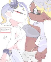 2girls alternate_costume asymmetrical_docking bandage bandage_bra big_breasts bra bracelet breasts chocolate_and_vanilla dark-skinned_female detached_sleeves frye_(grand_festival) frye_(splatoon) grand_festival_(splatfest) hair_bun headwear hips inkling light-skinned_female looking_at_another looking_at_viewer midriff mocamocaink navel no_panties now_or_never_barrette now_or_never_horns octoling official_alternate_costume red_eyes shiver_(grand_festival) shiver_(splatoon) short_hair shorts silver_hair small_breasts splatfest splatoon splatoon_3 sweat team_future_(splatfest) tentacle_hair thong tied_hair tight_clothing white_eyes white_hair yuri