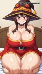 ai_generated alternate_breast_size bangs blush breasts brown_hair choker dress female hair hat hips huge_breasts looking_at_viewer only red red_eyes short skin smile thick_thighs thighs wide witch