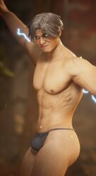 electricity glowing_eyes gray_hair haviksluz male male_focus mortal_kombat mortal_kombat_1_(2023) netherrealm_studios raiden_(mortal_kombat) scantily_clad skimpy_underwear solo solo_focus solo_male solo_male young_adult