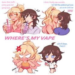 2girls black_hair blonde_hair boba_tea class_of_'09 earrings jecka_(class_of_'09) kissing long_hair nicole_(class_of_'09) pierced_ears ponytail short_hair vape vape_pen yuri