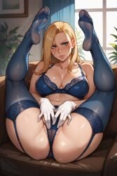 1girls ai_generated blonde_hair blue_eyes bra earrings fullmetal_alchemist fullmetal_alchemist_brotherhood garter_straps gloves maxartison olivier_mira_armstrong panties pussy stockings window