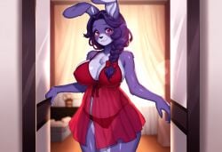 ai_generated anthro bonnie_(fnaf) braid braided_hair breasts bunny female five_nights_at_freddy's fnaf fur furry h3nt_ai hairbow hare nightgown nipples_visible_through_clothing oc original_character rabbit slumbertime_bonnie