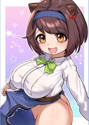 ass big_breasts brown_eyes brown_hair draph granblue_fantasy happy horns huge_breasts lifting_skirt shortstack yaia_(granblue_fantasy) yuzun404