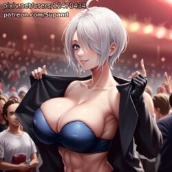 1girls abs ai_generated ai_hands angel_(kof) big_breasts black_jacket blue_bra blue_eyes bra clothed female jacket jacket_open king_of_fighters light-skinned_female light_skin looking_at_viewer nipple_bulge one_eye_covered one_eye_obstructed open_clothes short_hair standing white_hair