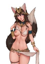 breasts clothing clothing_aside dipstick_tail female gold_(metal) gold_jewelry hi_res humanoid jewelry kiara_(fasstaff) markings one_breast_out quilm solo tail tail_markings