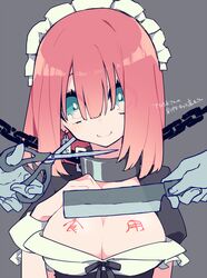 blue_eyes bondage borrowed_character breasts chains cleavage collar female grey_background hands highres knife looking_at_viewer maid_headdress original pink_hair scissors simple_background smile solo_focus takagi_(tansuke) torture yamada_kei