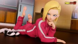 1female 1girls 3d_(artwork) android_18 barefoot blonde_hair blue_eyes dragon_ball dragon_ball_z feet feet_up necdaz91 shoes_removed soles track_suit