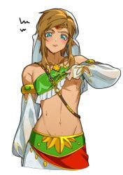 1boy bishonen blonde_hair blonde_hair blue_eyes blush bra breath_of_the_wild confused crossdressing disguise earrings exposed_shoulders exposed_torso femboy gerudo_link gerudo_outfit haoda1ke headband lifting_shirt link looking_at_viewer male male_focus male_only midriff pretty_boy sleeves solo solo_focus solo_male sweating the_legend_of_zelda tummy twink