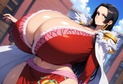 ai_generated black_hair blue_eyes boa_hancock breasts breasts_bigger_than_head cleavage female female_only gigantic_breasts huge_breasts large_breasts minmin one_piece solo