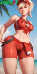 ai_generated bare_stomach big_breasts blonde_female blonde_hair ends34 female female_focus female_only hips lifeguard lifeguard_mercy mercy milf overwatch overwatch_2 pussy pussy_juice short_shorts shorts sky wet