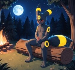 1boy ai_generated anthro bonfire cock furry furry_male furry_only log male male_focus male_masturbation male_only masturbation moon moonlight night pokemon solo solo_anthro solo_focus solo_male theatarygame tree umbreon