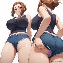 ai_generated back_view backboob bare_legs brown_eyes brunette_hair gigantic_breasts hair_bun huge_breasts huge_thighs jean_shorts kaii_to_otome_to_kamikakushi light-skinned_female light_skin looking_down low-angle_view massive_breasts mature_female milf short_shorts smiling solo_female squatting sumireko_ogawa sweat sweatdrop tabatacopon tank_top thick_body thick_female thick_thighs thighs thighs_bigger_than_head voluptuous voluptuous_female