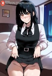 ai_generated black_hair chainsaw_man looking_at_viewer primosan pussy pussy_juice scar scar_on_face school_uniform skirt_lift smile standing thong yellow_eyes yoru_(chainsaw_man)