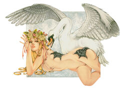 avian bird blonde_hair breasts flower_crown greek_mythology leda leda_and_the_swan looking_at_viewer mythology nipples nude_female rapist rapist_real sex swan zeus zoophilia