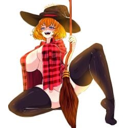 big_breasts black_legwear blue_eyes hispanic_virtual_youtuber jacket_open light-skinned_female looking_at_viewer orange_hair tagme vivifellow witch_hat