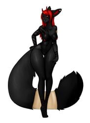 anthro black_fur breasts canine crobat_(artist) female fur hair horn mammal nipples nude pussy red_eyes red_hair simple_background solo