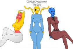 2girls1futa bailey_(oiledupdegenerate) blue_body bodysuit breasts breasts clothing crop_top female gideon_(oiledupdegenerate) gold_body oiledupdegenerate pants pose reagan_(oiledupdegenerate) red_body shiny_skin slime suit tentacle thin_waist